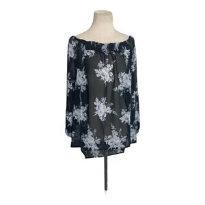 Target C black floral sheer long sleeves tunic blouse size XL